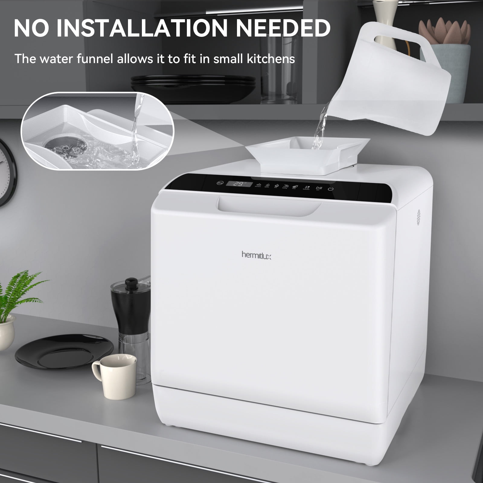 Hermitlux Portable Dishwasher Countertop, 5 Washing Programs Mini Dishwasher with 5-Liter Water Tank, HMX-DW04