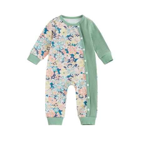 

REDWOON Girl Oblique Button Jumpsuit Long Sleeve Crew Neck Flower Print Romper