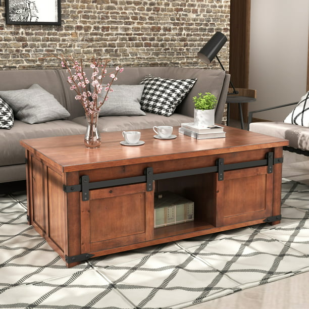 Rectangular Coffee Table TV Stand, Farmhouse Coffee Table with Storage