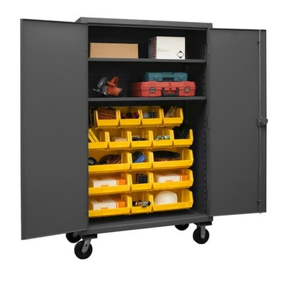 Durham HDCM48-18-2S95 12 Gauge Recessed Door Style Lockable Mobile Cabinet with 18 Red Yellow on Bins & 2 Adjustable Shelves, Gray - 48 in.