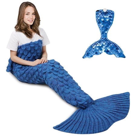 AmyHomie Couverture Queue de Sirène pour Adultes Couverture Sirène au Crochet pour Femmes Douce Toutes Saisons Couvertures de Sommeil pour Adolescentes (ScaleBlue Adultes)