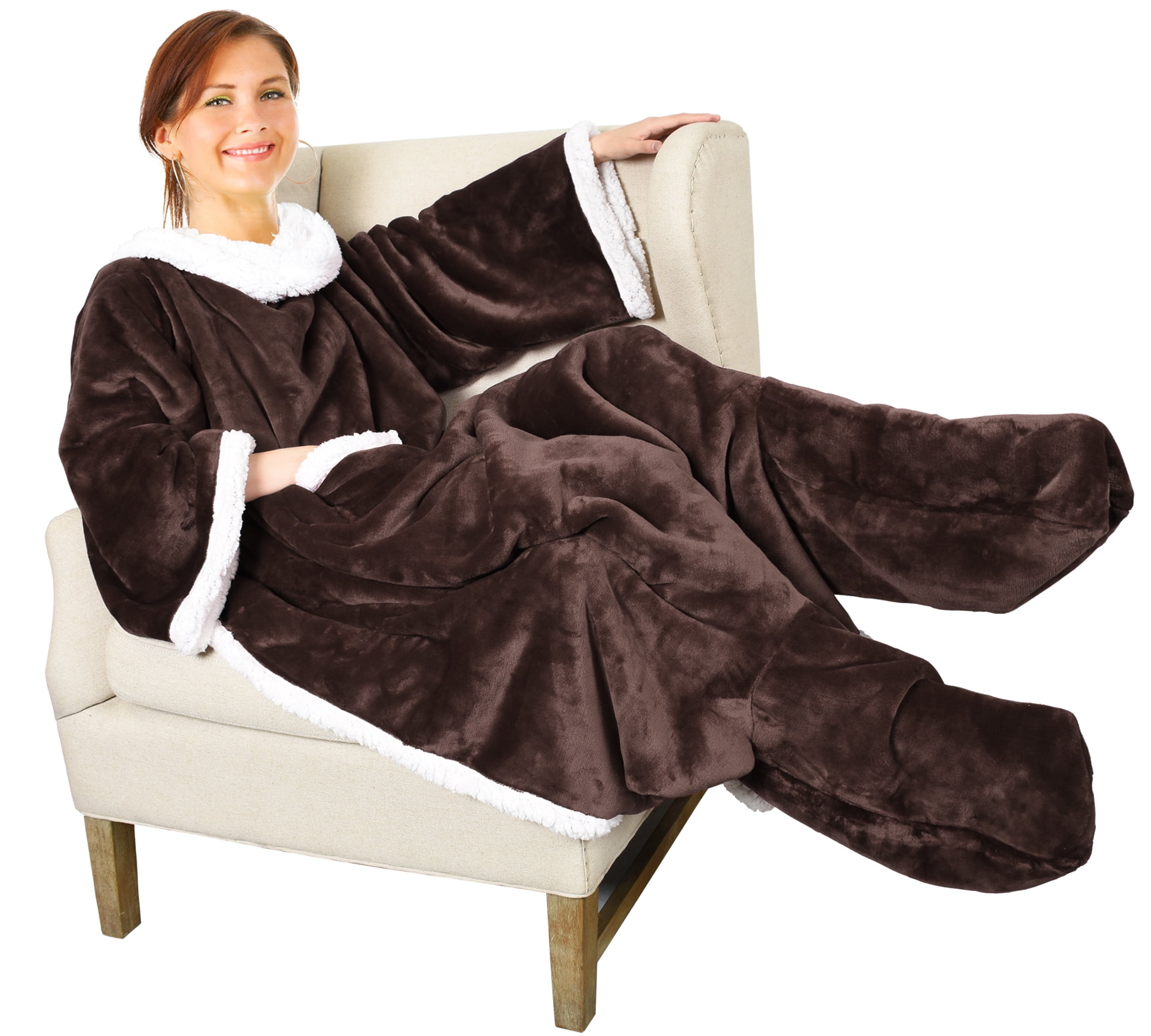 Sherpa Wearable Blanket with Sleeves & Foot Pockets for Adult Women Men