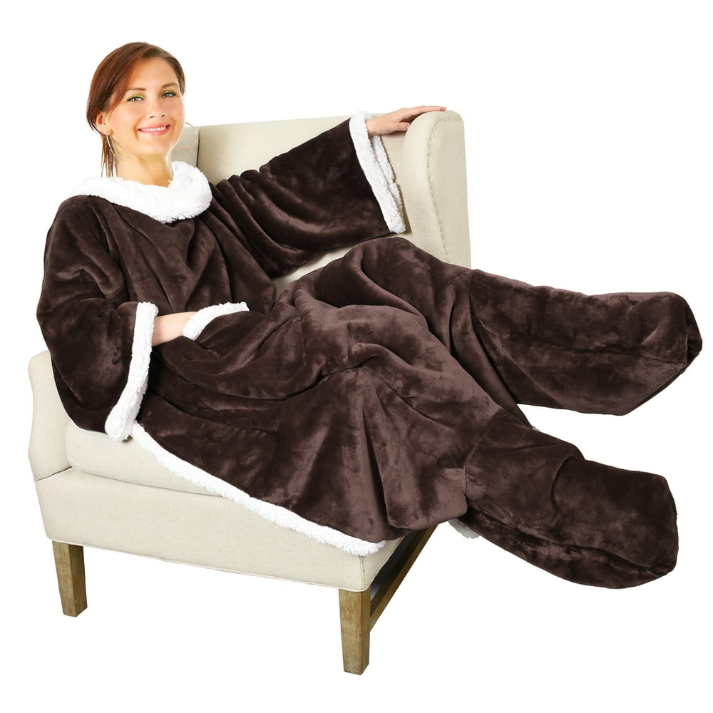 Sherpa Wearable Blanket with Sleeves & Foot Pockets for Adult Women Men