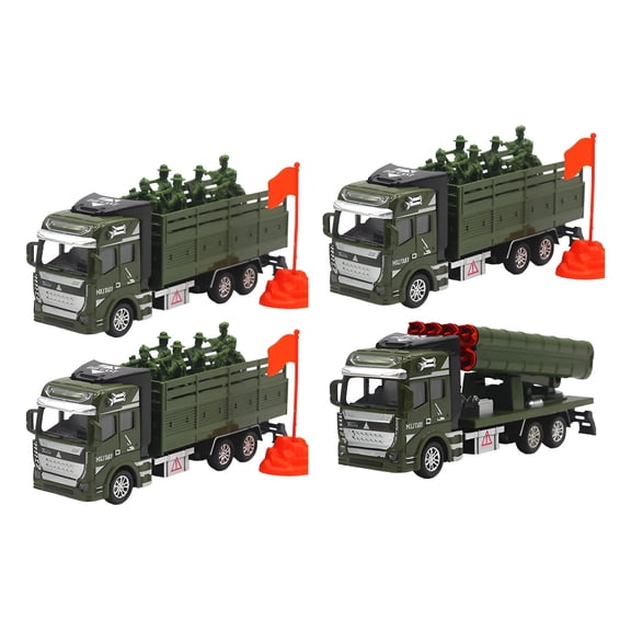 BESTSKY 4Pcs Military Transport Truck Toys, Durable Zinc Alloy Front Vehicle with Pull Back Action, Movable Cargo Bed Army Men Action Figures for Kids Play and Collection