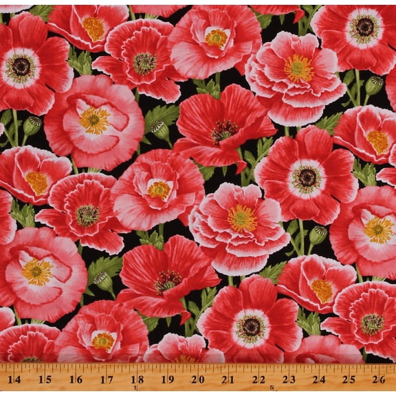 Cotton Poppies Pink Poppy Flowers Floral on Black Cotton Fabric Print by the Yard (1985-89)