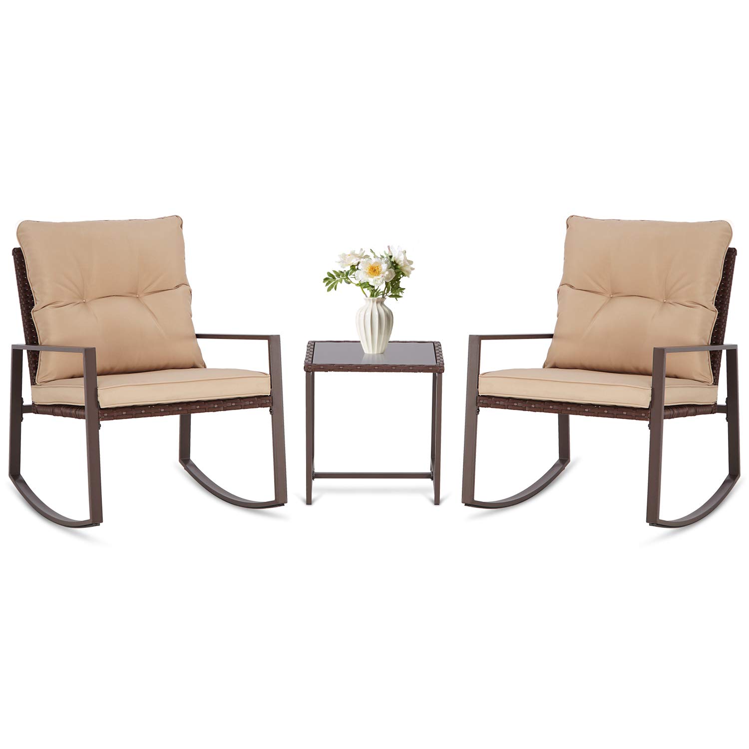 SUNCROWN 3 Piece Outdoor Bistro Set Patio Rocking Chair Brown Wicker Chairs with Brown Cushion and Glass-Top Table - image 1 of 7