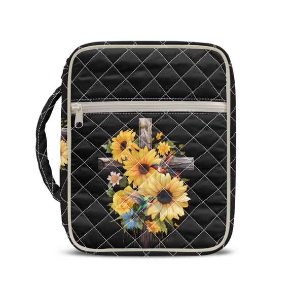 Pzuqiu Cross Sunflower Bible Cover Case for Women Bible Protective with Handle and Zippered Pocket Durable Quilted Church Scripture Case Christian Gifts for Woman