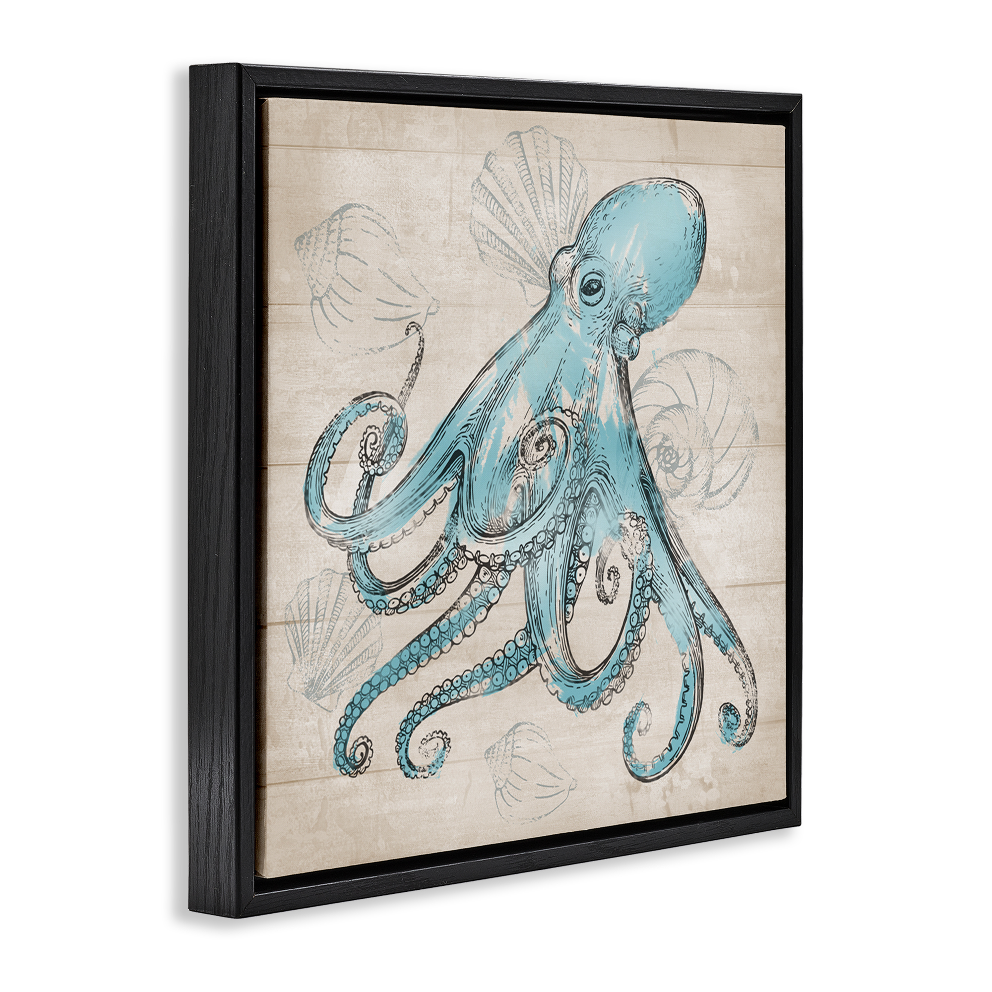 Stupell Industries Vintage Drawn Octopus Animals Painting Black Floater Framed Canvas Art Print Wall Art, 25 x 25