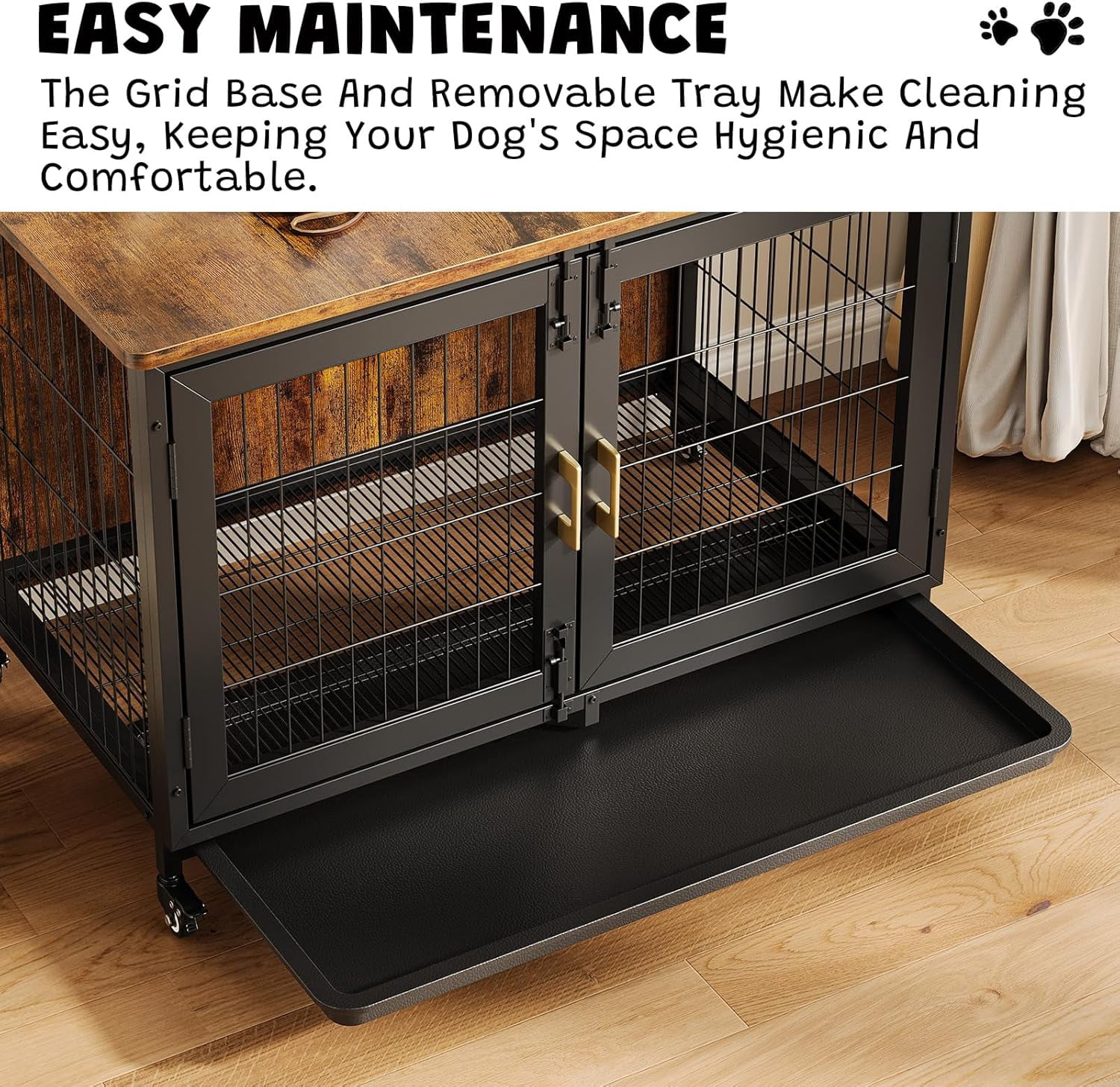 Acekid Heavy Duty Dog Crate - 37.5 Inch Furniture Style Kennel with Wheels & Removable Tray - Lockable Indoor Cage for Large & Medium Dogs - Brown