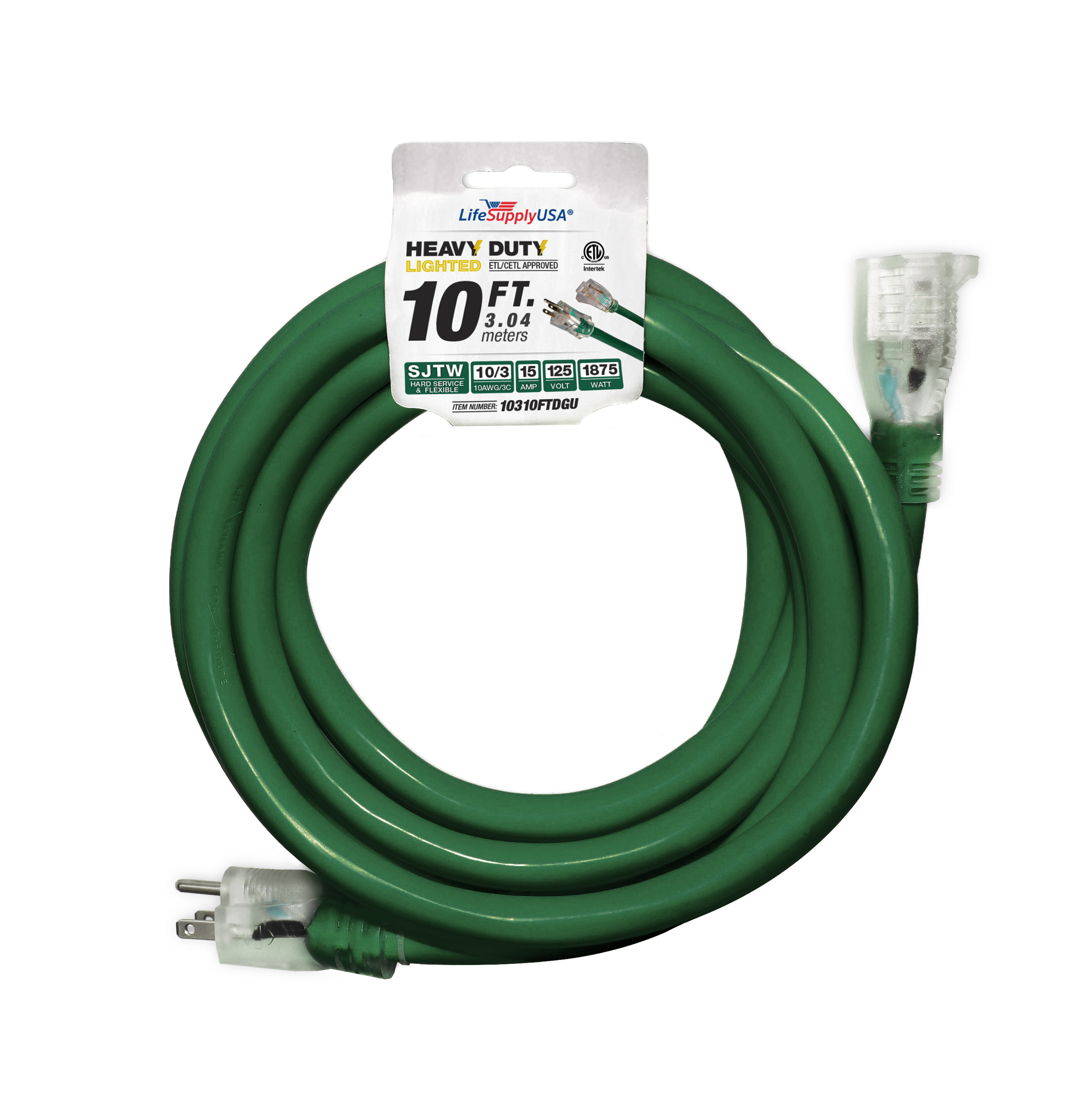(2Pack) 10 ft Extension Cord 10/3 SJTW with Lighted end Green