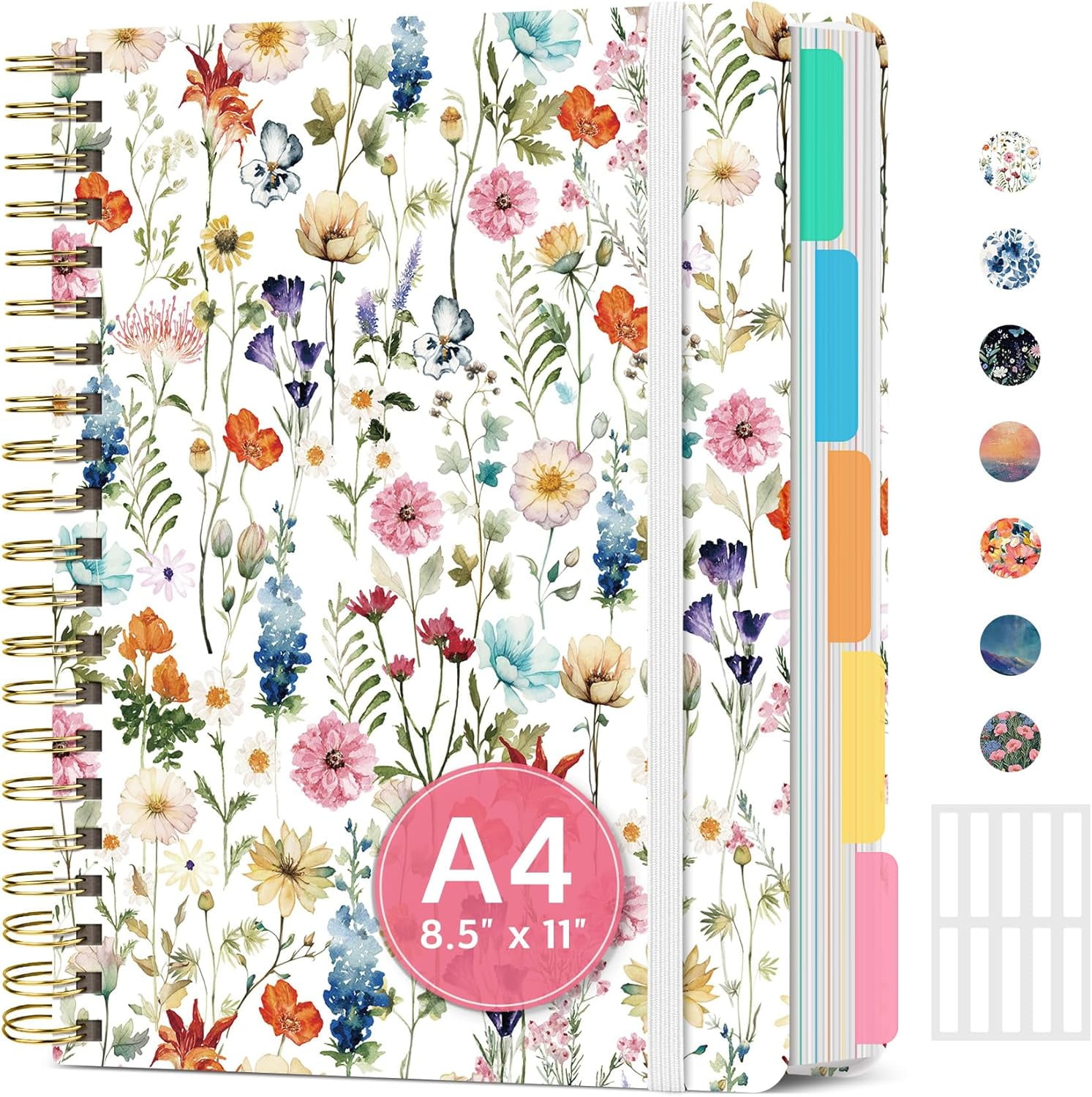 8.5"×11" Pastel Garden Hardcover 5-Subject Spiral Notebook, College Ruled with Dividers & Tabs, 280 Pages for Study & Office