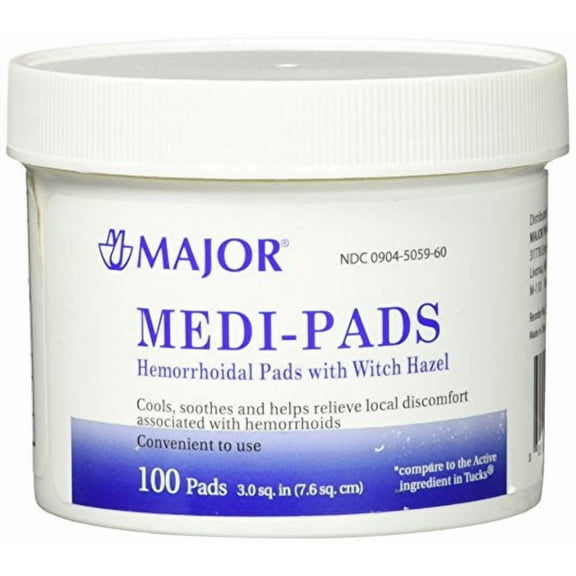 Major Medi-Pads Hemorrhoidal Pads With Witch Hazel, 100 Ct. JarPack of 5