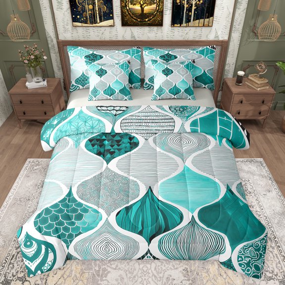 jejeloiu Boho Bohemian Style 7-Piece Twin Bedding Sets,Abstract Geometric Stripe Bedding Comforter Set,Cyan White Black Sheet Sets For Men Women,Microfiber Bedroom Decor Reversible