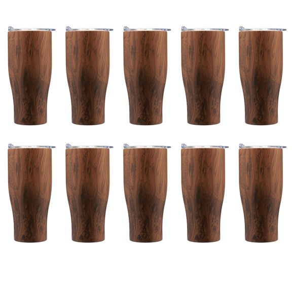 Stainless Steel Tumblers with Clear Push Lids - 27 oz - 10 pack - Insulated Double Wall Coffee Tumbler - Wood