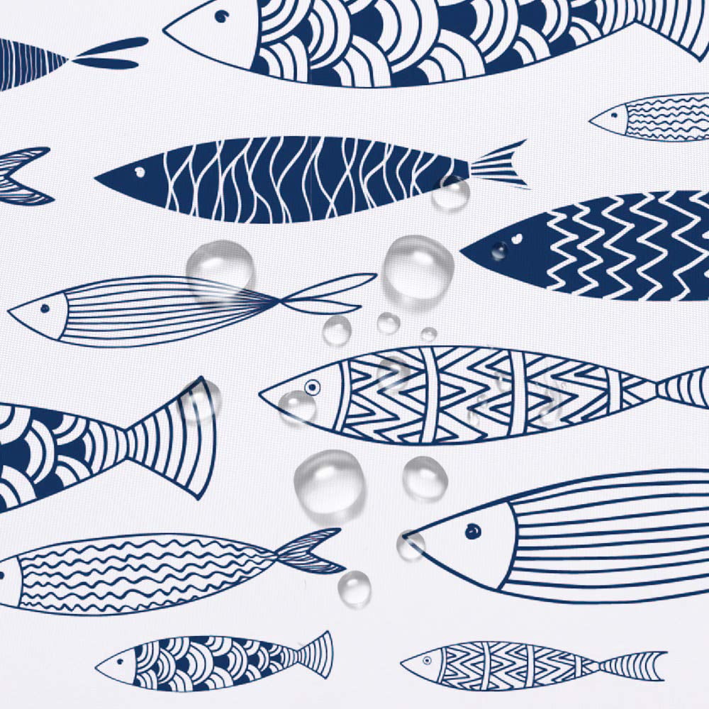 Shower Curtain Set with 12 Hooks Waterproof White Fabric, 70"x70" - Fish
