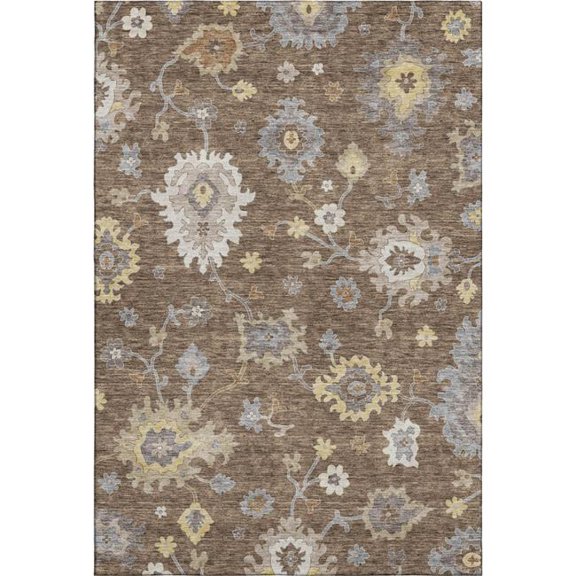 HomeRoots 663279 8 x 10 ft. Chocolate Gold & Gray Floral Medallion Washable Machine Made Rectangle Area Rug with UV Protection