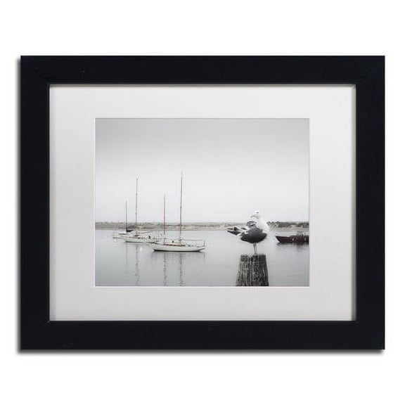 Trademark Fine Art "Four Boats and Seagull" Canvas Art by Moises Levy White Matte, Black Frame