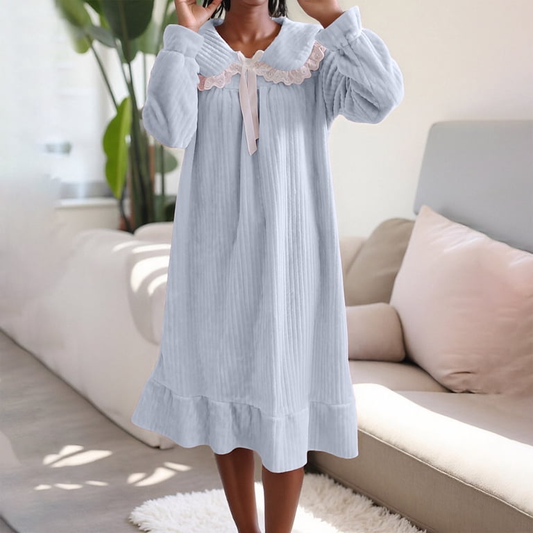 winter sleep dress Levmjia Womens Winter Nightgown Long Sleeve Flannel Bow Princess Style Sleepwear Soft Warm Comfortable Night Dress For Home Relaxation Sleep, Women's,
