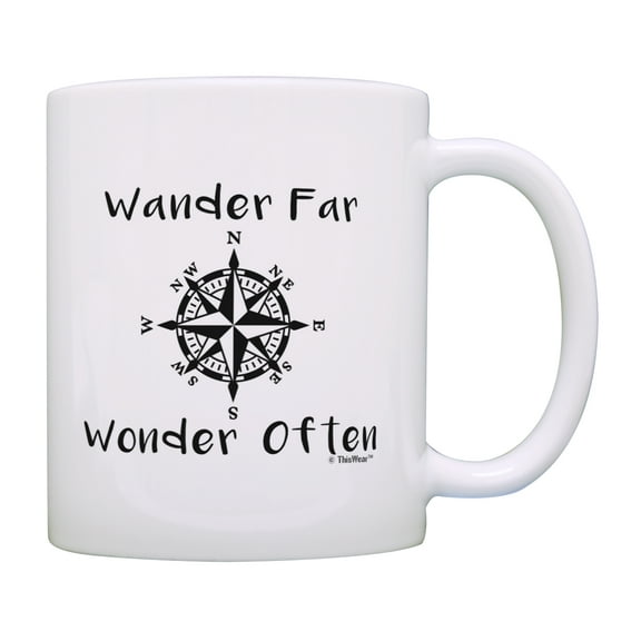 ThisWear Camping Gifts for Women Wander Far Wonder Often Sailing Mug Hiking Gifts for Men Adventure Mug Camp Themed Gifts Compass 11 ounce Coffee Mug