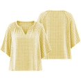 thumbnail image 7 of Women's Plus Size Gingham Blouses V Neck 3/4 Sleeve Loose Tunic Shirts Work office Casual Summer Tops Lightweight Everyday Plaid Shirts Yellow, 7 of 7
