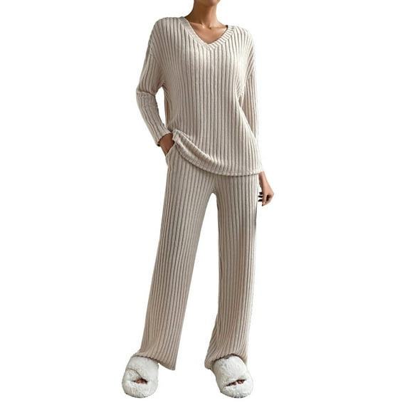 yunLCZ Nightgowns for Women Women's 2024 Fashion Casual Straight Leg Pants Loose V Neck Knit Set Nightdress for women