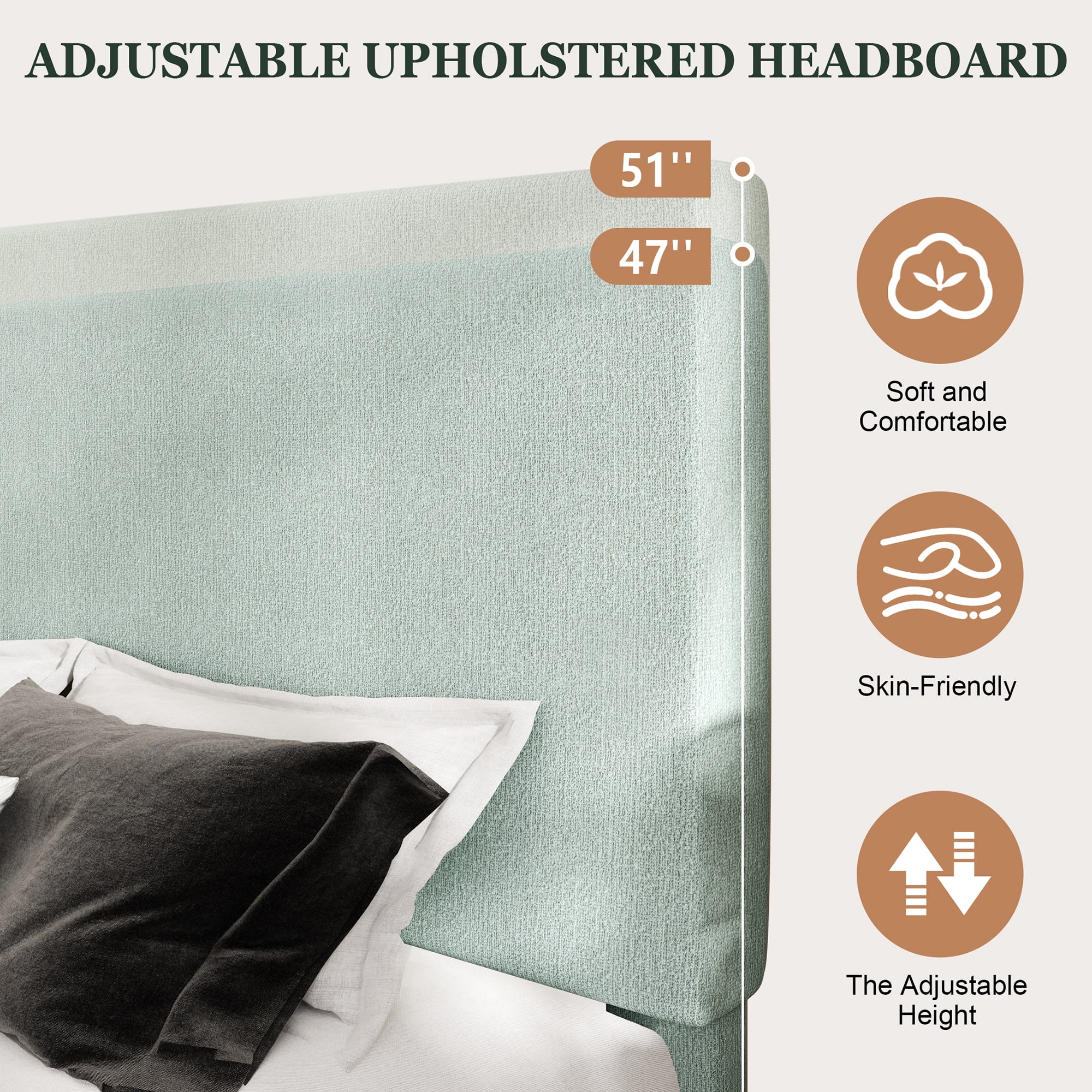 Amolife King Bed Frame, Platform Bed Frame with Upholstered Adjustable Headboard, Ice Blue, Nubby Fabric