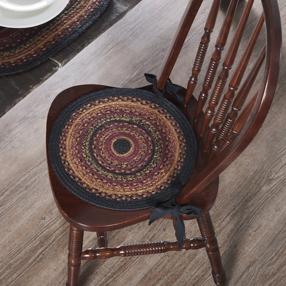 VHC Brands Heritage Farms Primitive Chair Pad Seat Cushion, Round, Braided Jute, Red Black Tan. 15 inch