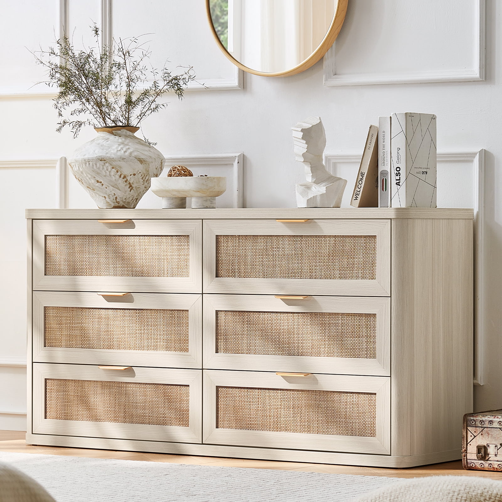6 Drawer Dresser for Bedroom, Boho&Modern Wood Chest of Drawer with Golden Embedded Handles for Living Room, White Oak