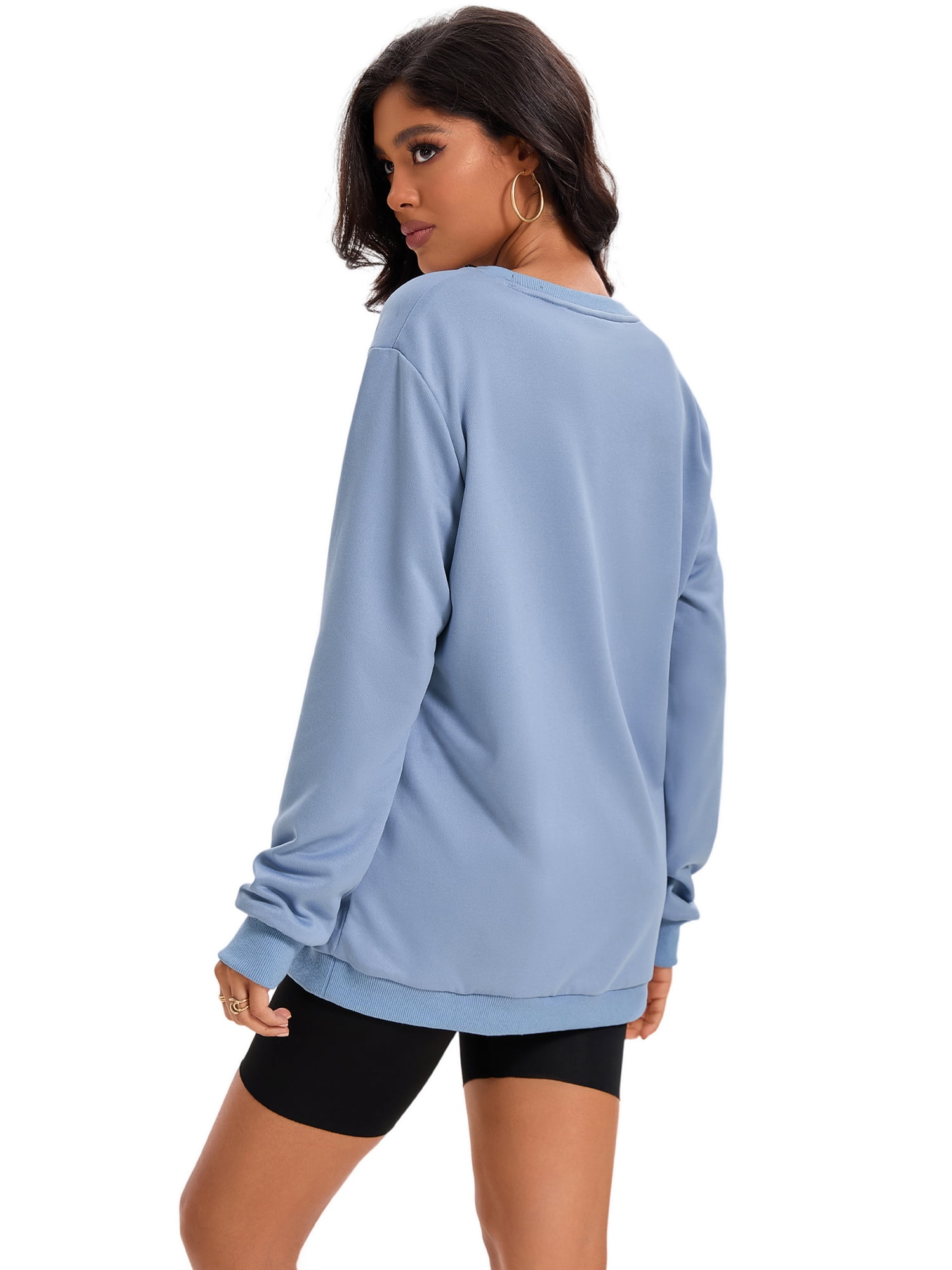 Unique Bargains Womens Sweatshirt Crew Neck Long Sleeve Pullover Shirts L Gray Blue