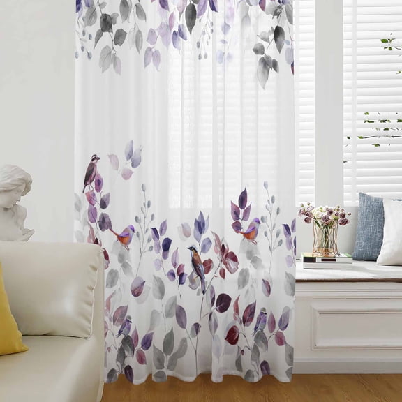 Purple Grey Leaves Sheer Curtains 72 Inches Long for Living Room/Bedroom, Summer Botanical Pastoral Watercolor Rod Pocket Voile Kitchen Curtains & Drapes Window Treatment 1 Panel, 52"W x 72"L