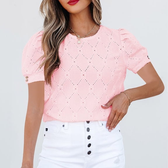 Rezuofi 1 Pcs Women's Tops Casual Scoop Neck Short Sleeve Eyelet Embroidered Hollow Out Blouses Shirts