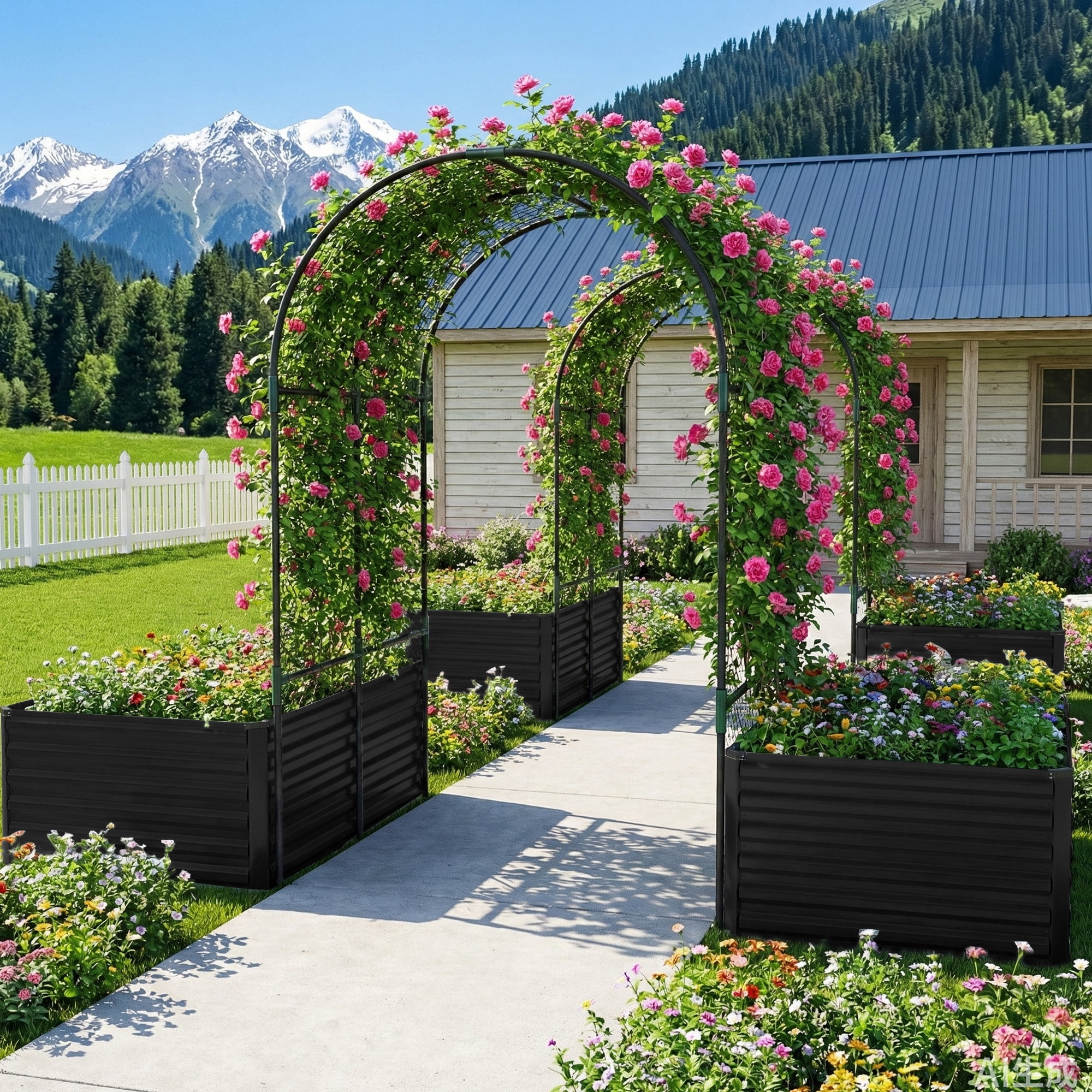 FOOWIN 8x4x2 ft 3 in 1 Galvanized Raised Garden Bed with Trellis, Outdoor Metal Planter Box for Vegetables & Flowers, 478 Gallon Capacity, Black