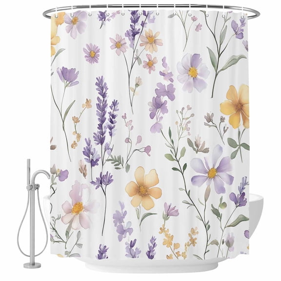 Purple Yellow Flowers Shower Curtain Set - Standard 72" x 72" Washable Bathtub Curtain with 12 Hooks, Spring Pastoral Botanical Floral Waterproof Fabric Stall Shower Curtains for Bathroom Décor