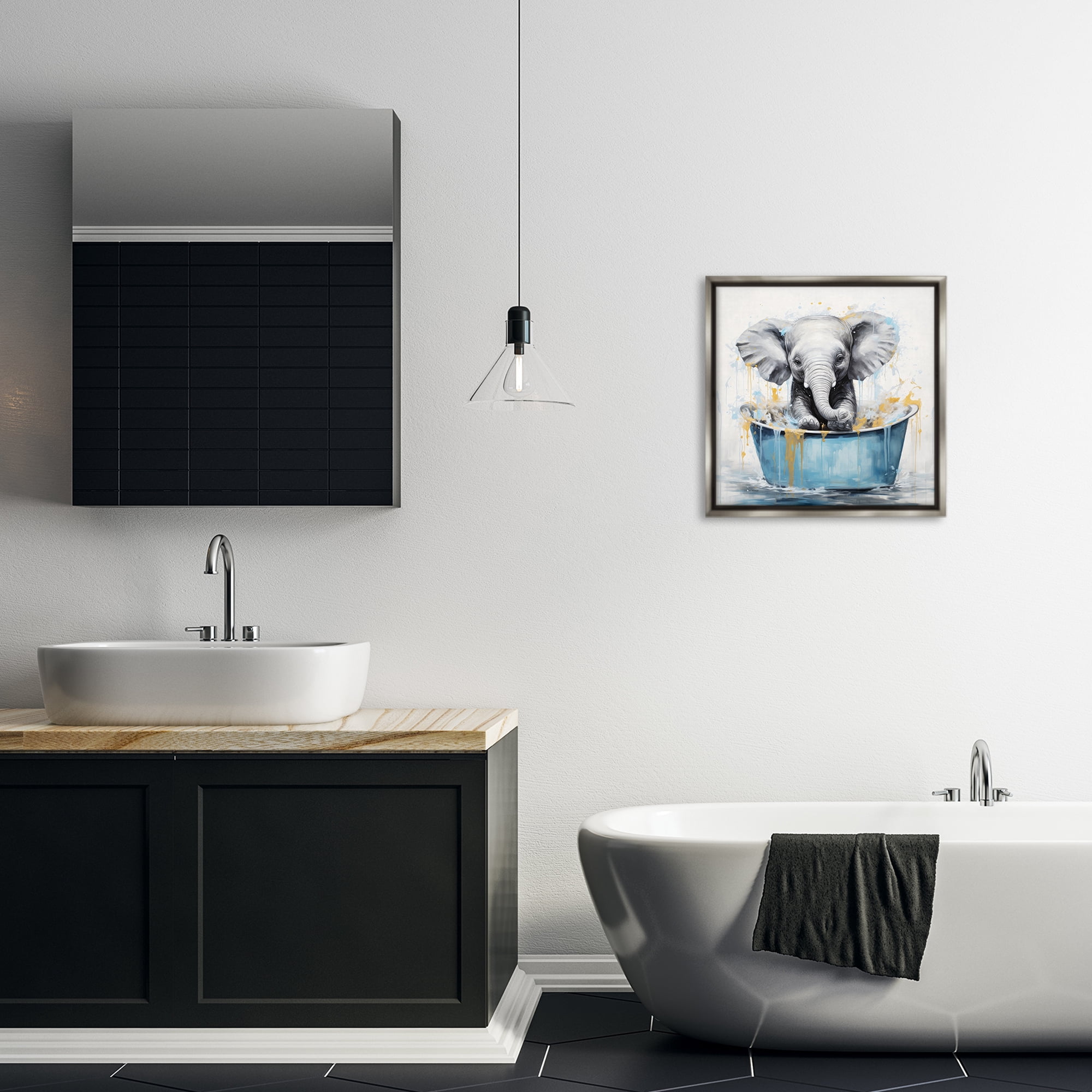 Stupell Industries Bathing Baby Elephant Typography Painting Gray Floater Framed Canvas Art Print Wall Art, 18 x 18