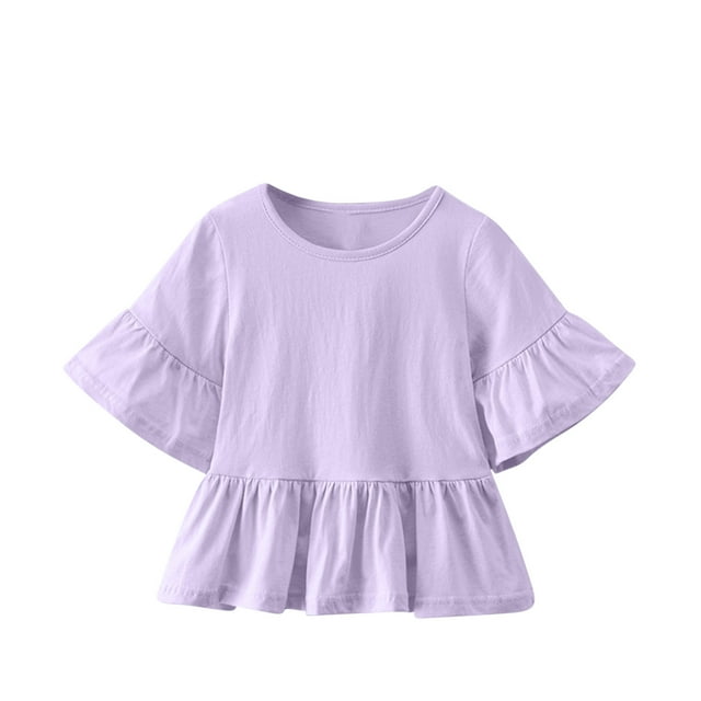 WRKEKC Chemises à Manches Longues pour Filles, T-Shirts à Manches Longues pour Filles, Chemises de Couleur Unie Mignonnes à Manches Évasées, Col Ras du Cou à Volants, Chemisiers Décontractés à Revers