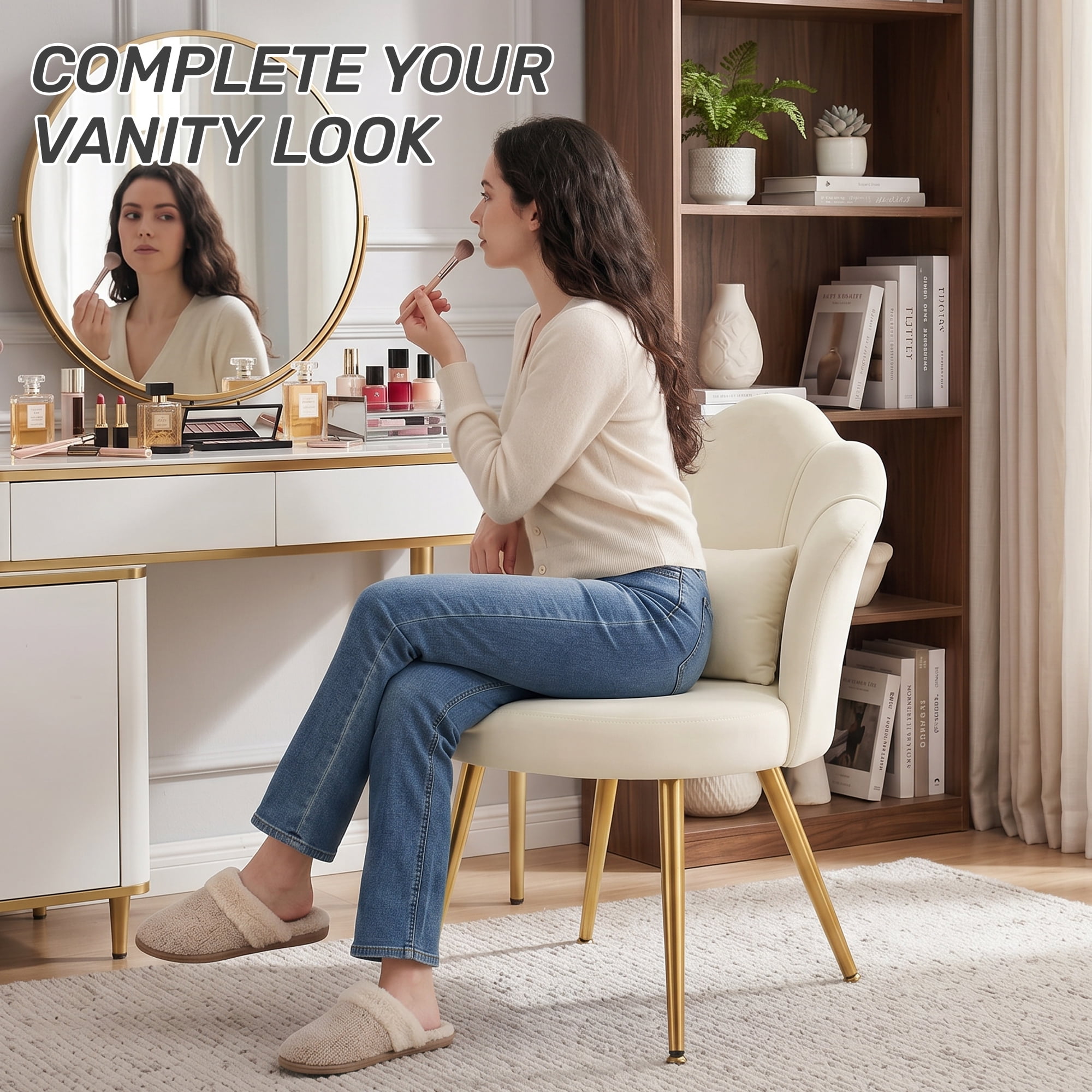COOLHUT Petal Velvet Vanity Chair, Flower Cute Girls Mack Up Vanity Stool Chair with Lumber Pillow and Adustable Gold Legs, Upholstered Small Desk Chair for Living Room Bedroom Home Office, Beige