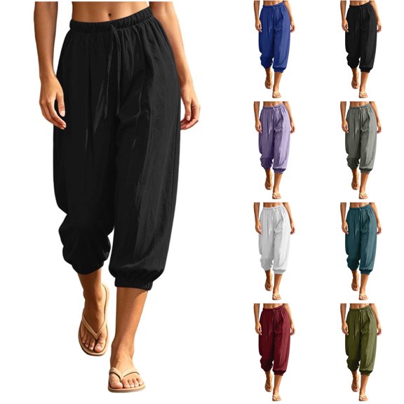 Nugftut Capri Pants for Women Solid Color Elastic Loose Capris Drawstring Summer Trave Capri Pants High Waisted Pants