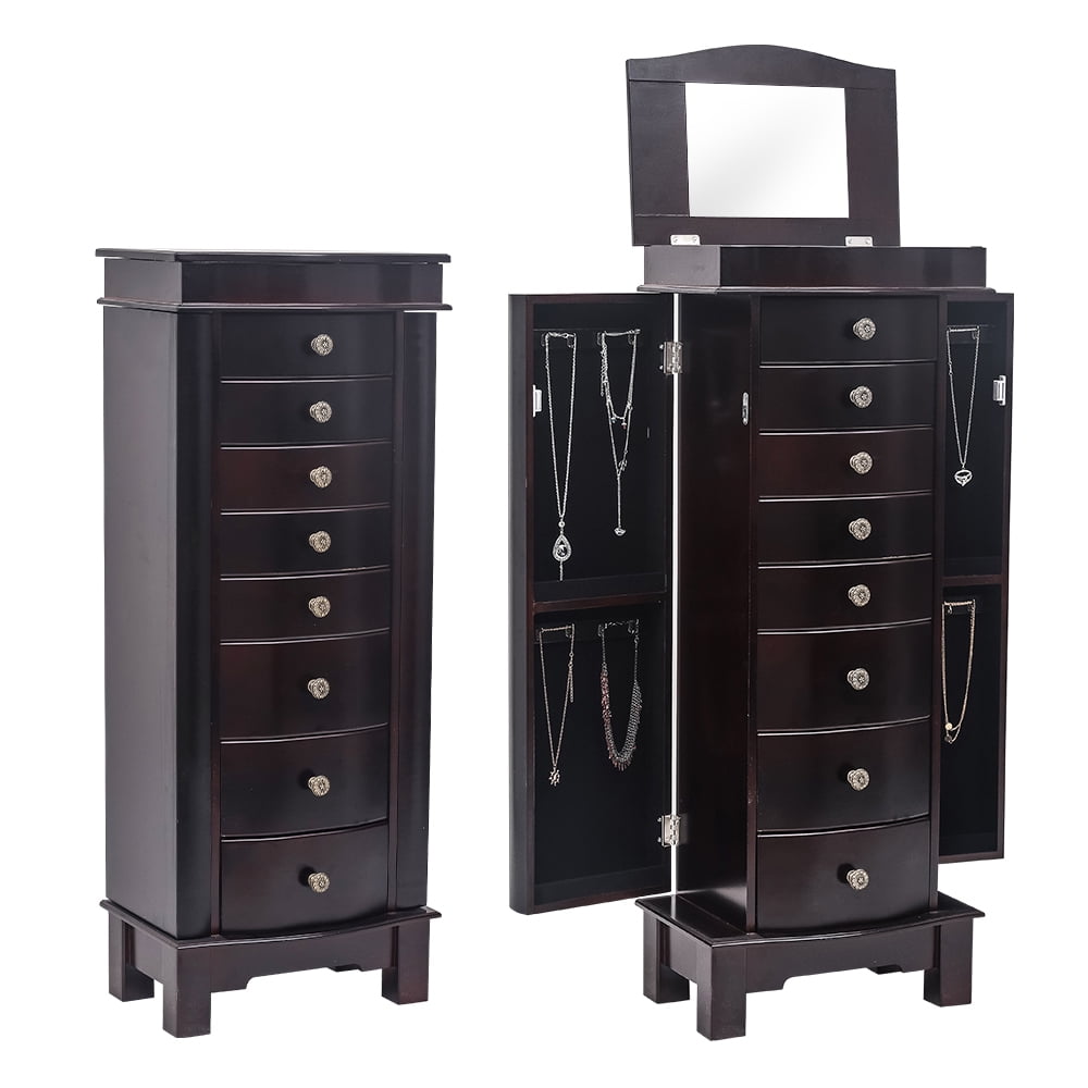 Classic Jewelry Armoire With Mirror 8 Drawers & 16 Necklace Hooks 2 Side Swing Doors Brown