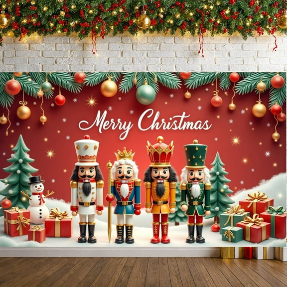 Nutcracker Design Merry Christmas Banner Red Background Christmas Display Gold Ornaments Gift Boxes Xmas Backdrop for Christmas Party Holiday Gathering Indoor Celebration