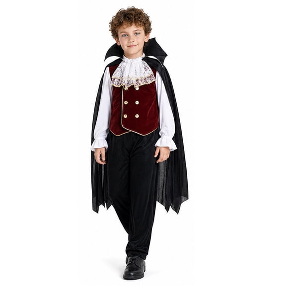 Vampire Cosplay, Vampire Cos, Vintage Vampire Vest Costume Set, Burgundy Velvet Waistcoat White Ruffle Shirt Black Cape Trousers, Gothic Vampire Cosplay Outfit for Halloween Party, Black L