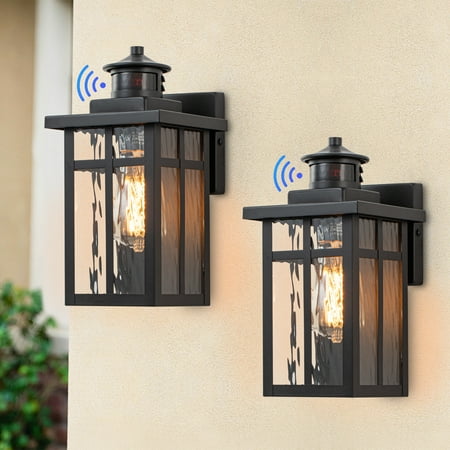 C Cattleya Matte Black Motion Sensing Dusk to Dawn Outdoor Wall Lantern Sconces with Water Glass(2-Pack)