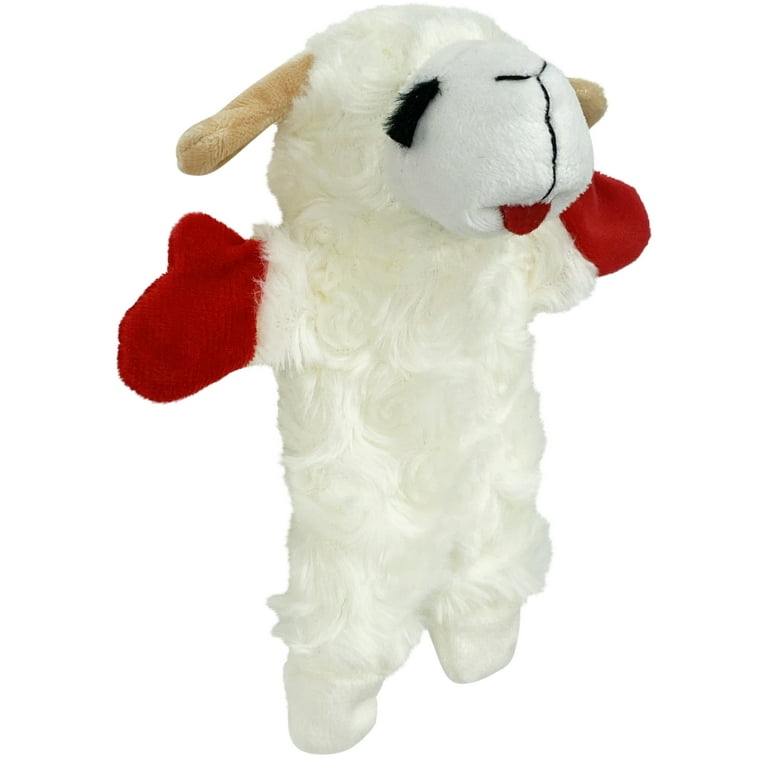 Multipet Lamb Chop Plush Crinkle Flop Dog Toy, White with Red Paws