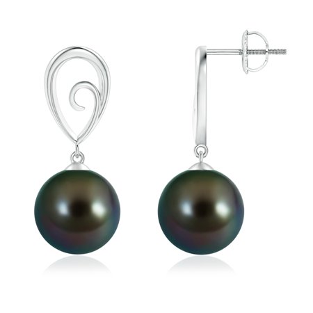 10mm Black Tahitian Pearl Earring - June Birthstone Earrings - Tahitian Cultured Pearl Drop Earrings with Metal Loop in 14K White Gold (10mm Tahitian Cultured Pearl)- SE1310THPR-WG-AAAA-10
