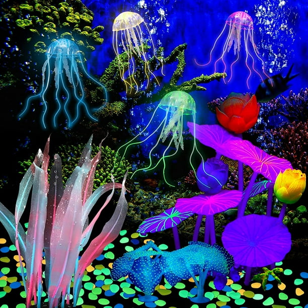 58 Pieces Glowing Fish Tank Decorations Silicone Aquarium Fish Decor  Simulation Jellyfish Coral Lotus Kelp Glowing Stone Plant Ornament for Fish  Tank Aquarium Decorations Glowing Accessories 