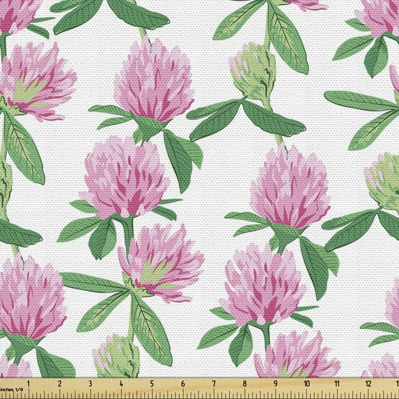 Floral Fabric by the Yard, Botanical Theme Clover Flower and Bud Motifs Natural Art Repetition, Upholstery Fabric for Dining Chairs Home Decor Accents, Pink Jade Green and White by Ambesonne