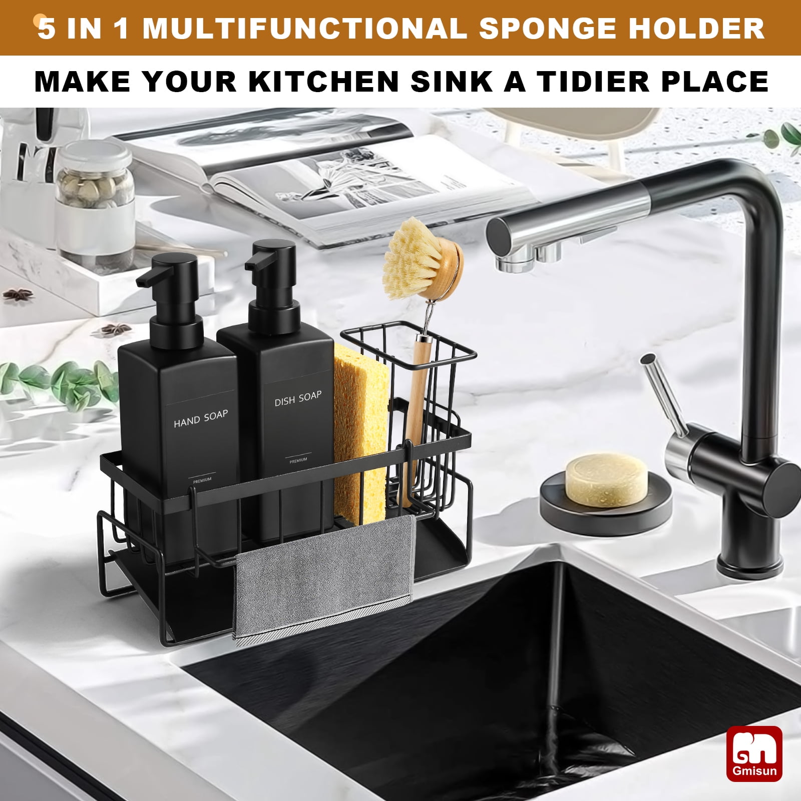 GM GMISUN Dish Soap Dispenser for Kitchen, 12 fl oz/350 ml Kitchen Soap Dispenser with Sponge Holder, Customized Matte Black Kitchen Soap Dispenser Set