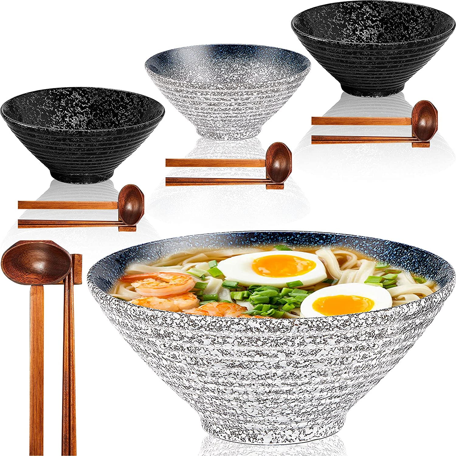 4 Sets Ceramic Ramen Bowls Set Large Japanese Ramen Noodle Soup Bowls 30 oz Deep Retro Pho Porcelain Bowls with Spoon Chopstick Holder Soup Cereal Rice Asian Pho Udon Soba (Blue,