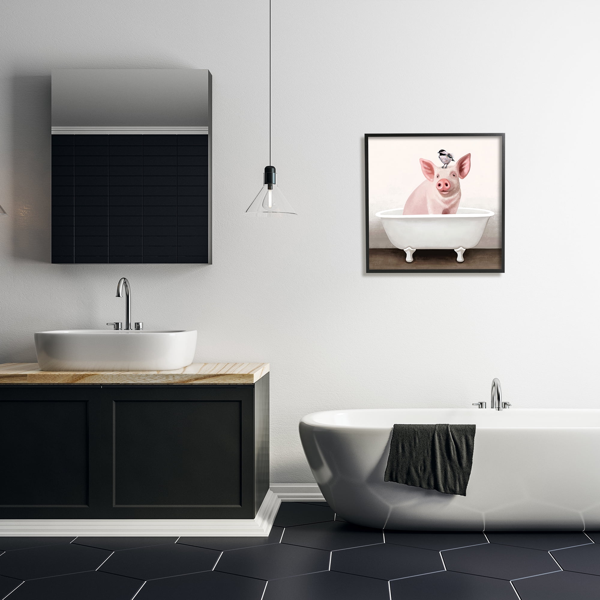 Stupell Industries Cottage Pink Pig with Sparrow Perched in Tub , 24 x 24, Designed by Elizabeth Tyndall