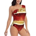 thumbnail image 3 of Salouo Red Gold Glitter Pattern One Shoulder Ruffled One Piece Swimsuit for Women V Neck Swimwear Tummy Control Bathing Suit-XX-Large, 3 of 6