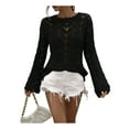 thumbnail image 1 of Qmyliery Women Trendy Hollow-Out Tops, Crochet Solid Color Crew Neck Long Sleeve Knitted Tops with Flare Cuffs for Ladies, S/M/L/XL, 1 of 9